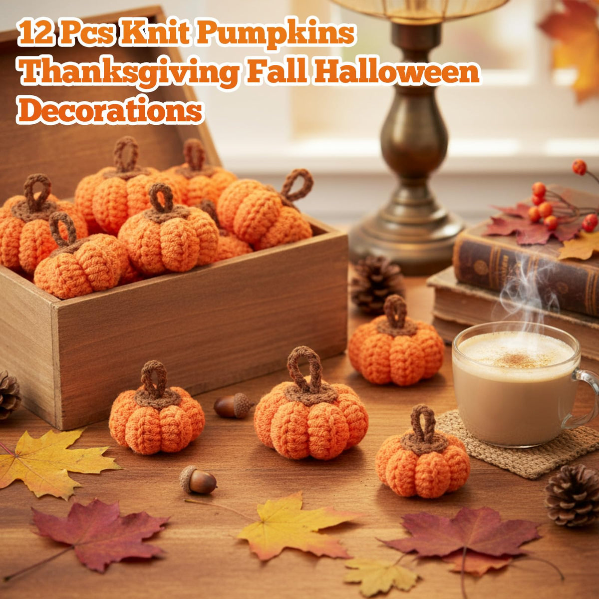 Remagr 12 Pcs Knit Pumpkins Mini Crochet Pumpkins Thanksgiving Fall Decorations Ornament Crafts Bowl Filler 2 Inch Small Rustic Farmhouse Bulk for Table Tier Tray Harvest Autumn Mantel (Orange)