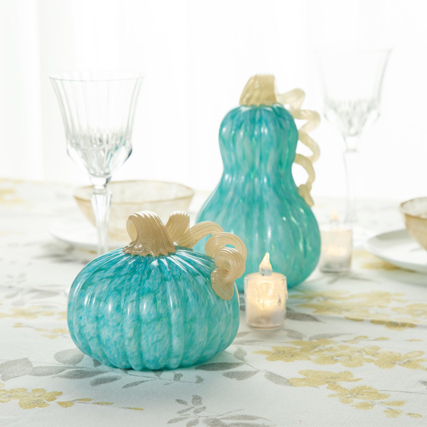 Glitzhome Hand Blown Glass Pumpkin Decor 5" Turquoise - Artisan Fall Harvest Thanksgiving Table Centerpiece Halloween Home Decor