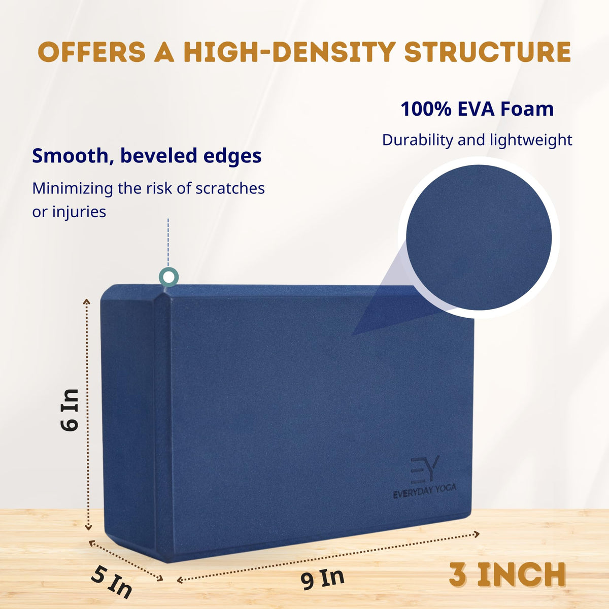 Everyday Yoga Foam Yoga Block 3 Inch - High-Density EVA Support Block for Stability, Balance & Flexibility, Lightweight, Durable & Comfortable - True Navy