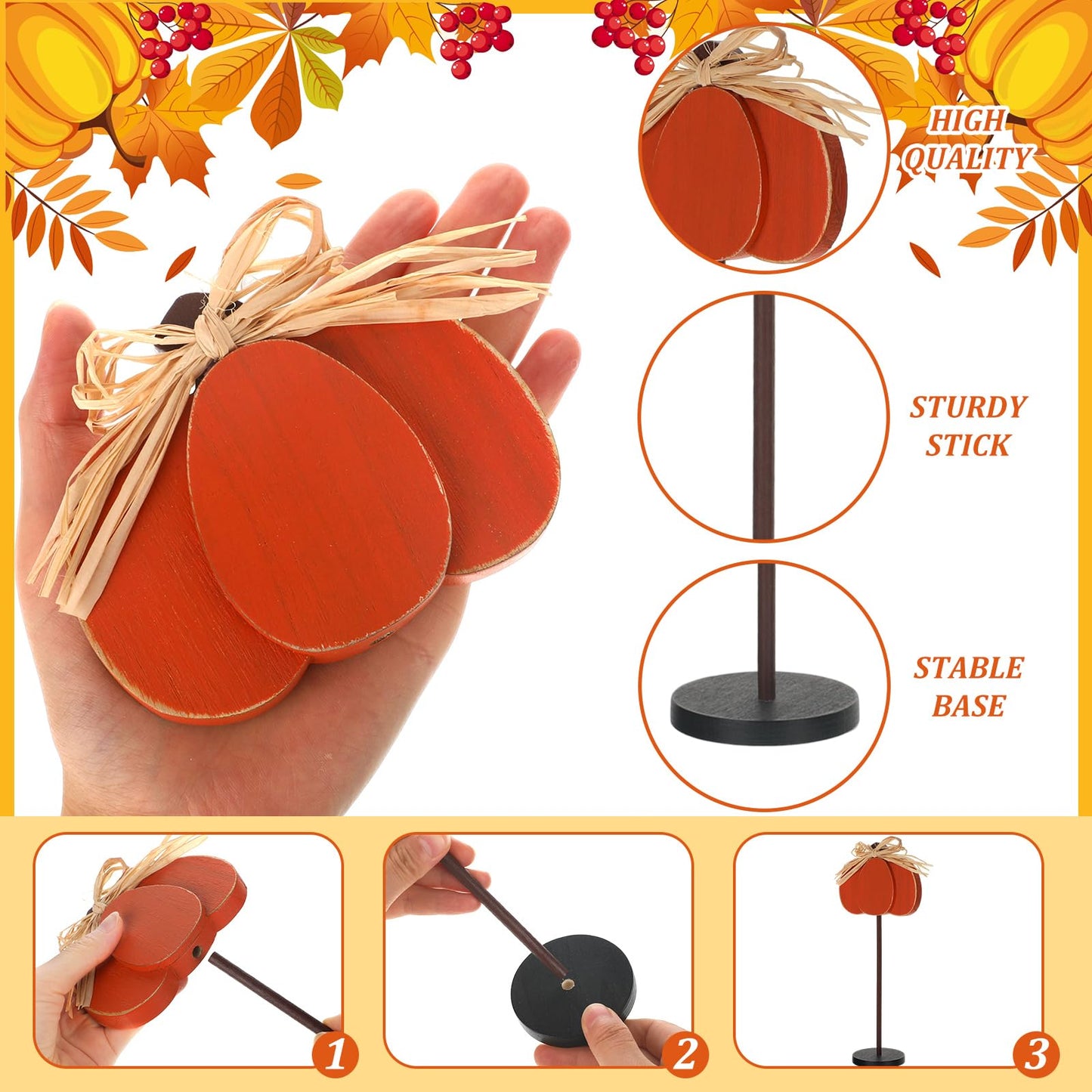 Thyle 3 Pcs Thanksgiving Pumpkin Table Centerpieces Wood Harvest Table Decorations for Home Standing Block Tall Sign with Bow for Home Decor(Orange)