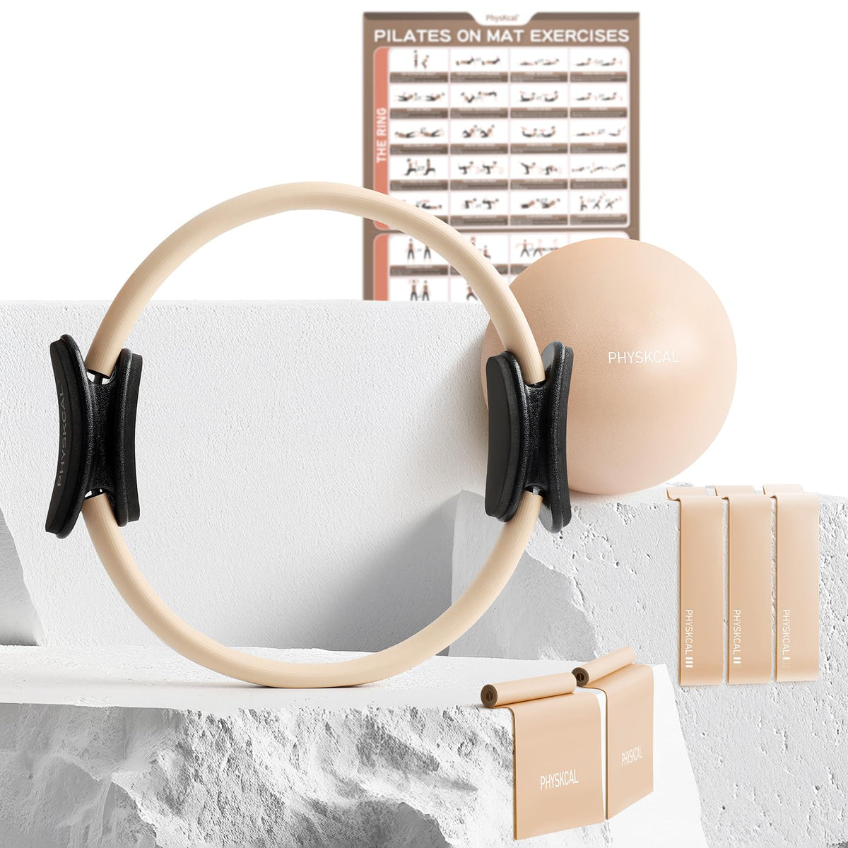 PhysKcal Pilates Ring Set, Magic Ring with 1x Core Ball, 3X Resistant Loop and 2X Flex Band, Pilates on Mat Essential Kit (Nude)