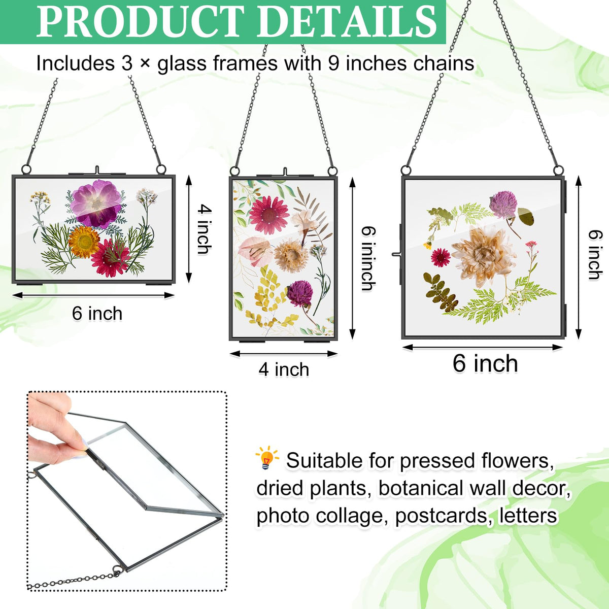 Geetery 9 Pcs Glass Frame for Pressed Flowers 6x4 4x6 6x6 in Black Hanging Picture Frames Metal Floating Double Glass Display Frame with Chain for Dried Flower Plant Specimen DIY Artwork Wall Decor