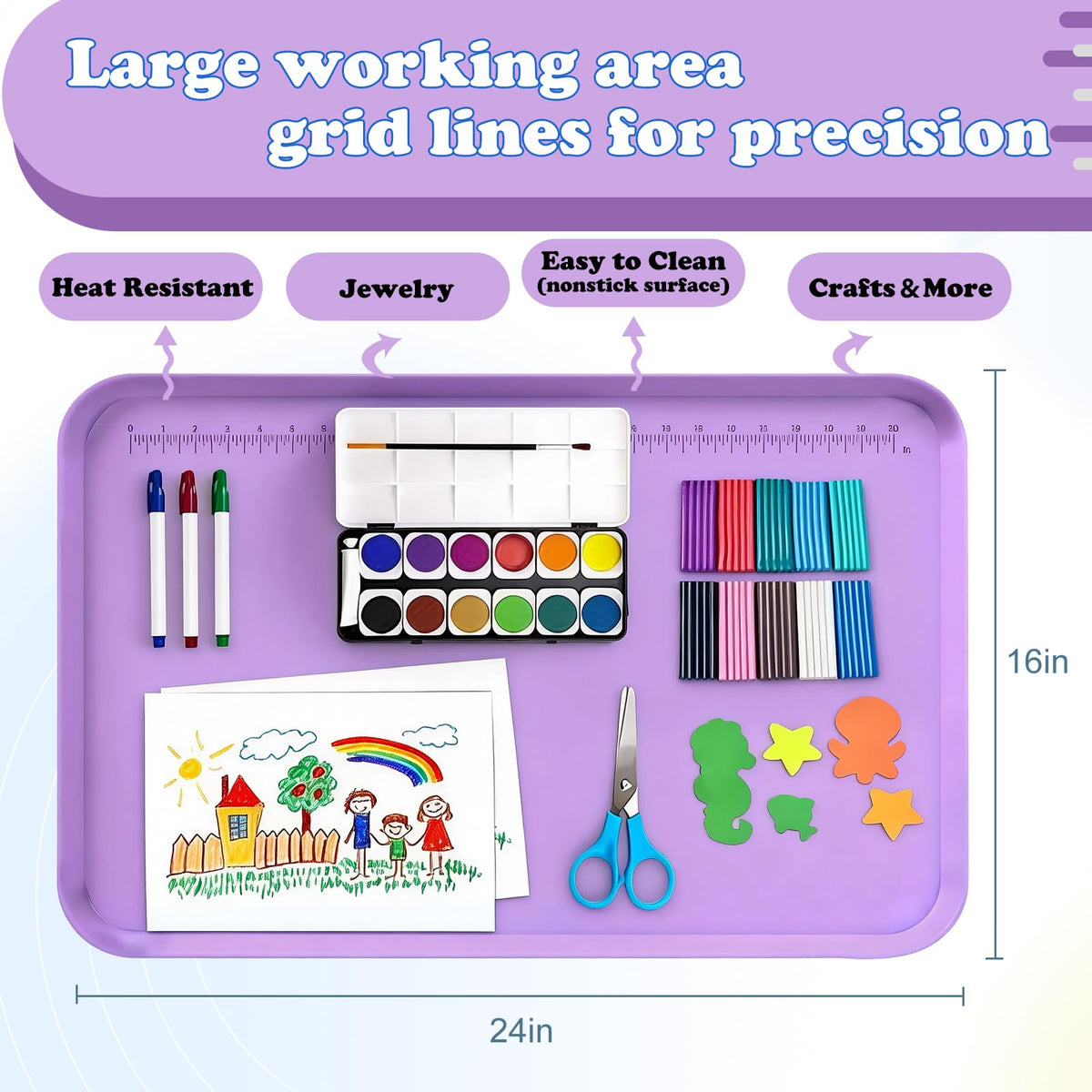 Silicone Art Mat for Crafts, 24" x 16" Silicone Painting Mat with Raised Sides to Stay Tidy, Play Sand, Legos, Slime, Resin & Jewelry-Making, DIY Crafts Mat (Purple)