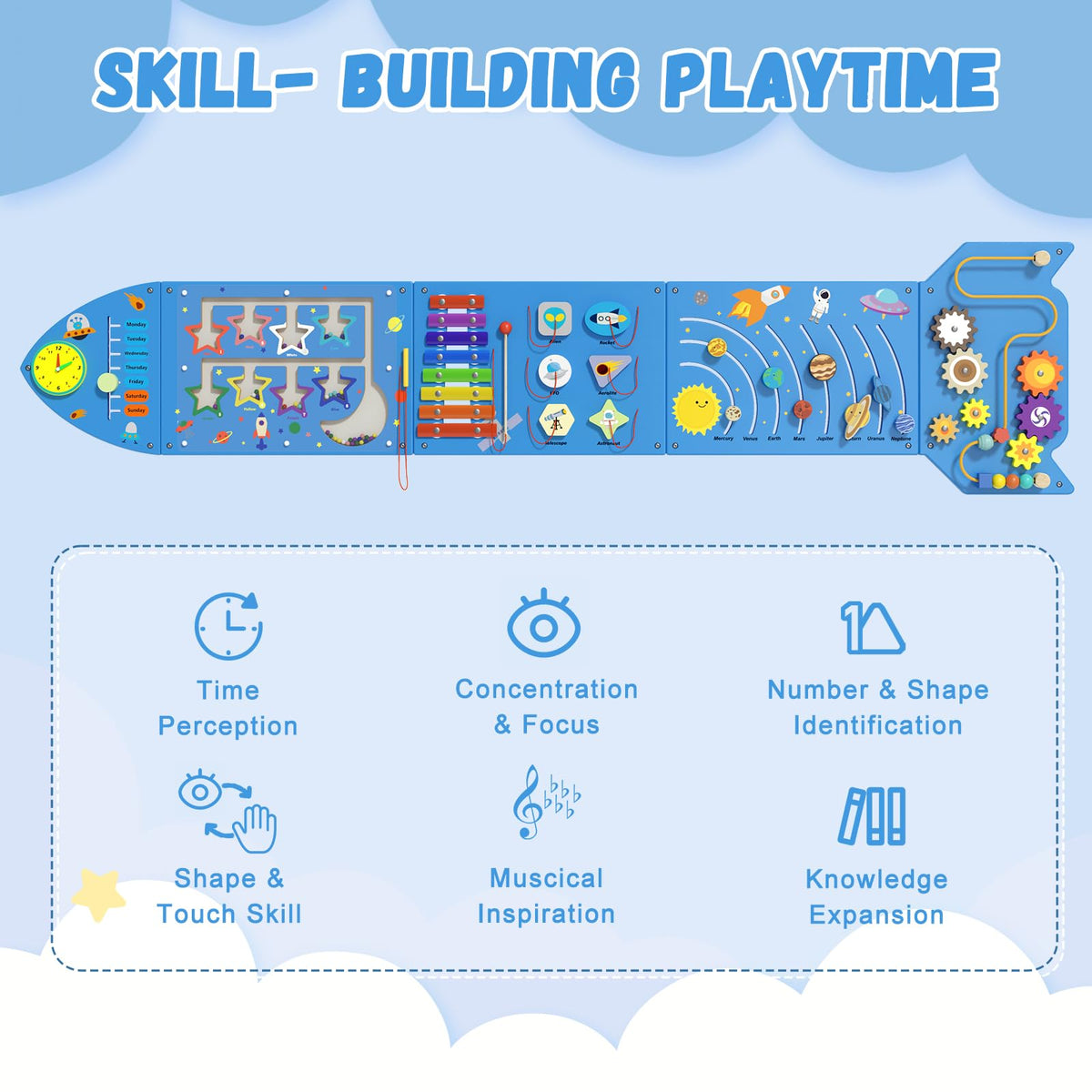 nigwet Rocket Activity Wall Busy Board Panels - Sensory Wall Panel for Kids, Montessori Toddler Wall Activity Board, Wall Toys for Toddlers 3, Activity Cube, Wooden Boards, Blue