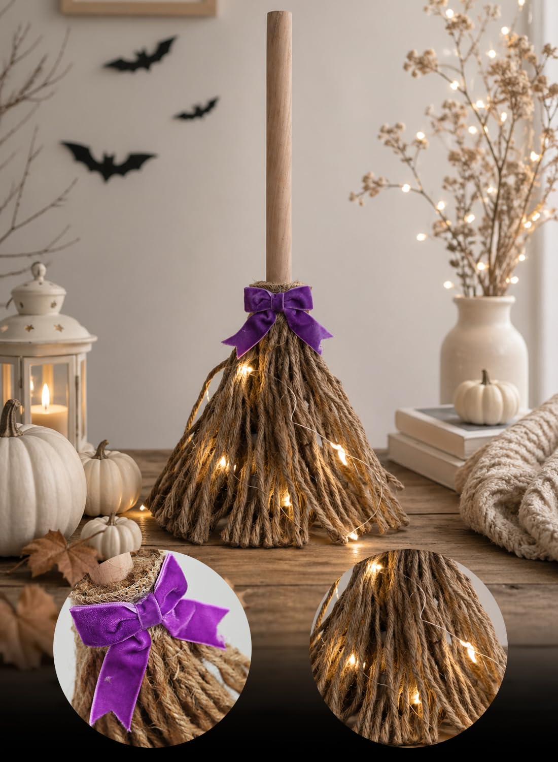 Halloween Decorations Ghost and Witch Broom Set, Lighted Halloween Fall Decor for Mantel, Shelf, Fireplace, Entryway, Tabletop Display, Cute Spooky Indoor Home Decor
