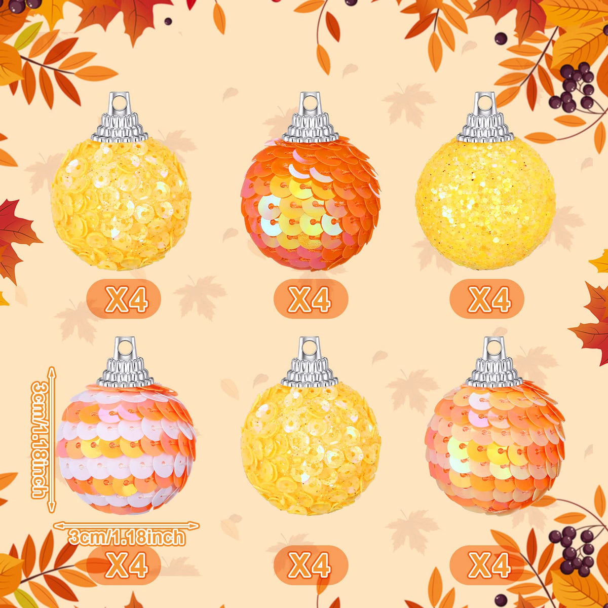 Sotiff 24 PC Mini Tree Ornaments Pumpkin Hanging Christmas Ornaments Glitter Foam Ball Fabric Wrapped Small Fake Pumpkins Mini Ball for Autumn Home Christmas Decors (Glitter)