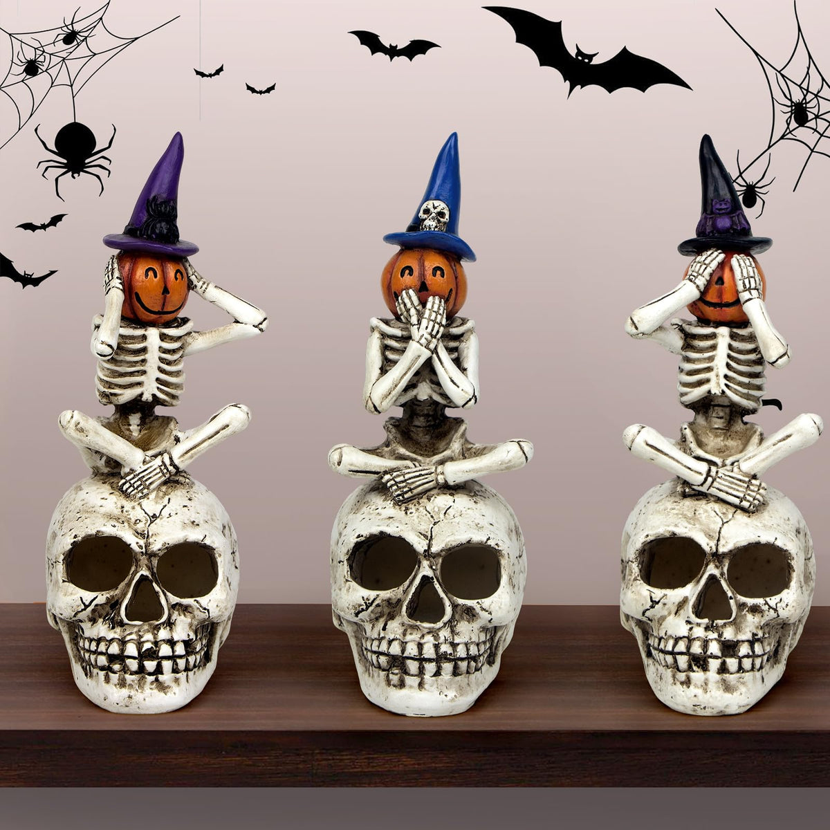 Mrlikale Halloween Skeleton Statue Set of 3, Witch Hat Pumpkin Skeleton Figurines with Skull Base Gothic Decoration for Tabletop, Home, Party