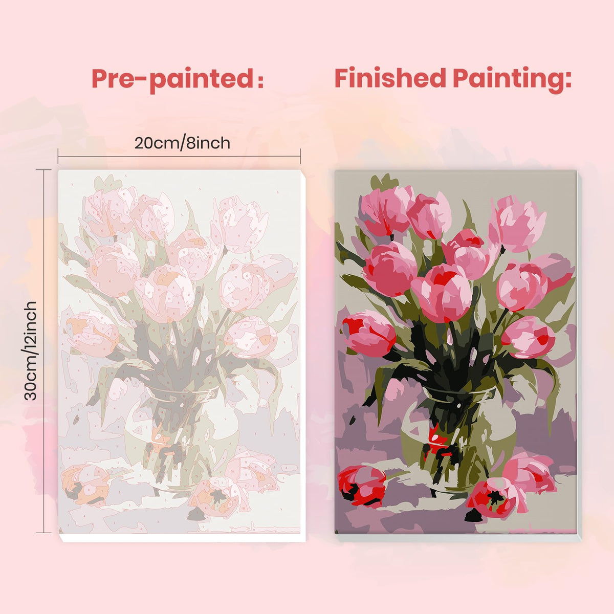 MXJSUA Pink Tulips Framed Paint by Numbers Kit for Adults Beginner with Wooden Easel, Adults' Paint-by-Numbers on Canvas, Easy DIY Acrylic Number Painting for Home Decor Gifts, 8x12 inch