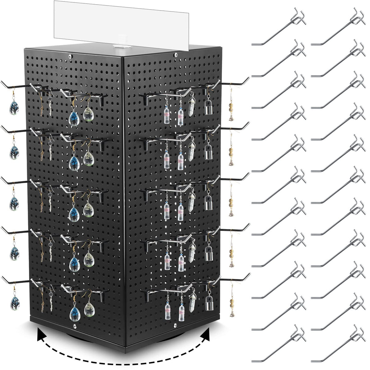 Geelin Metal Pegboard Display with Pegboard Hooks, 9.8 x 9.8 x 20.5 In Rotating Display Stand Display Racks for Craft Shows Pegboard Organizer with Peg Hooks for Jewelry Organizing Retail (Black)