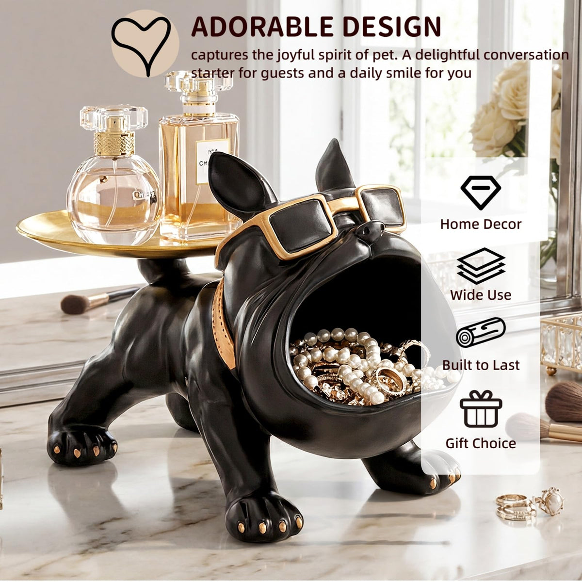 Nagpew French Bulldog Tray, Resin Bulldog Statue Candy Dish, Cool Black Key Holder Jewelry Bowl Decor for Entryway, Table, Office, Modern Art