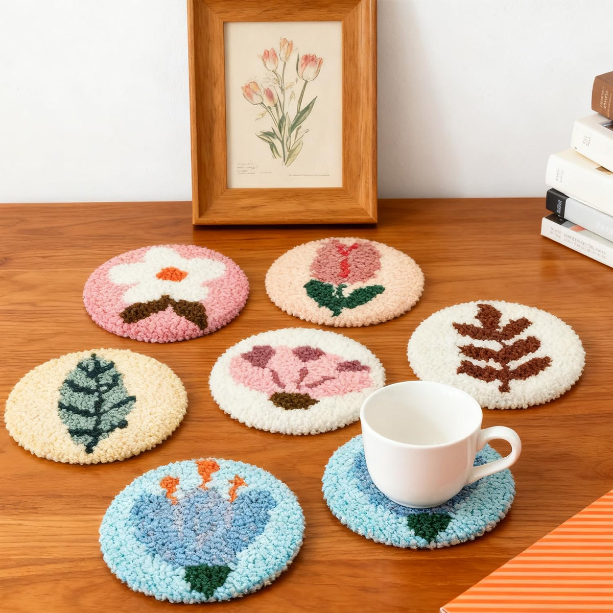 6 Pcs Punch Needle Coaster Kit for Adults Beginner, Plant Floral Punch Needle Embroidery Kit with Yarns, Hoop, Threader, Felt Cloths, Instruction, Coaster Making Supplies for Home Decor, Gift Making
