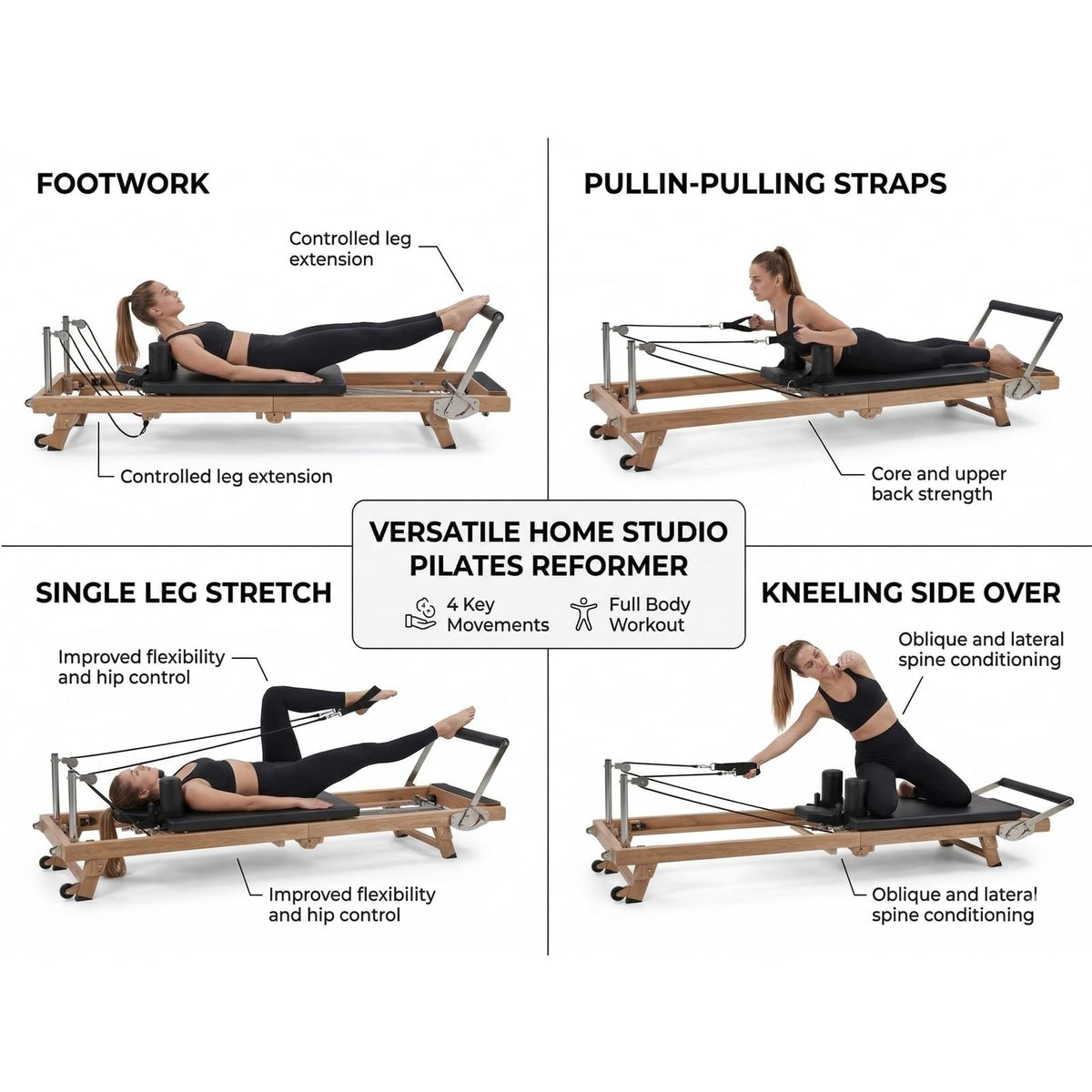 75" Foldable Pilates Reformer Machine for Home Use, Professional Stainless Steel with Wood-Grain Finish, Hybrid Resistance (Springs & Latex), Wellness Gift for Petite Women up to 5'9"