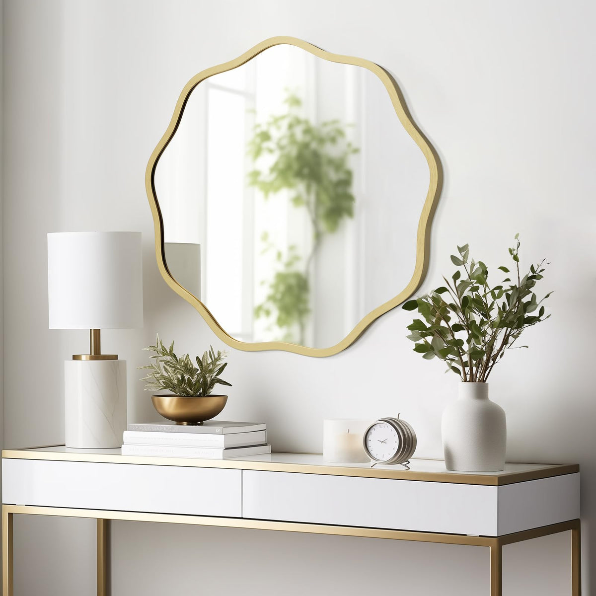 WallBeyond Round Wavy Mirror for Wall Decorative 20 inch, Modern Round Mirror Aluminum Frame for Bathroom Bedroom Living Room Home House Office Entryway, Gold