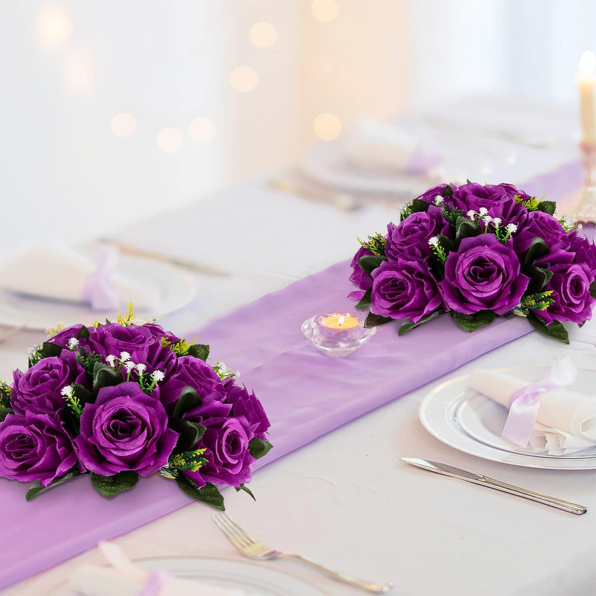 BLOSMON Flower Balls Wedding Rose Centerpieces: 2 Pcs Fake Flowers with Base White Kissing Balls Decor White Artificial Floral Arrangements Flower Bouquet of Roses Home Party Table DIY Decorations