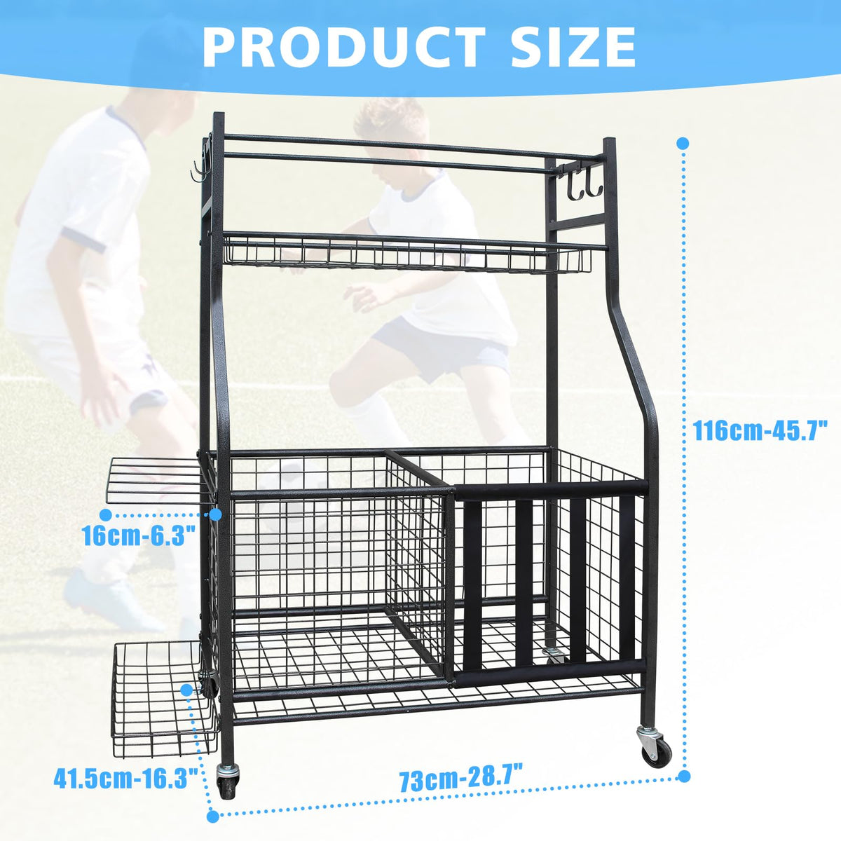 ICSPOID Sports Equipment Garage Organizer, Garage Ball Storage Rack with Basket, Hooks and Rolling Cart for Sports Gear and Toy Storage, Heavy Duty Ball Holder Indoor/Outdoor Use