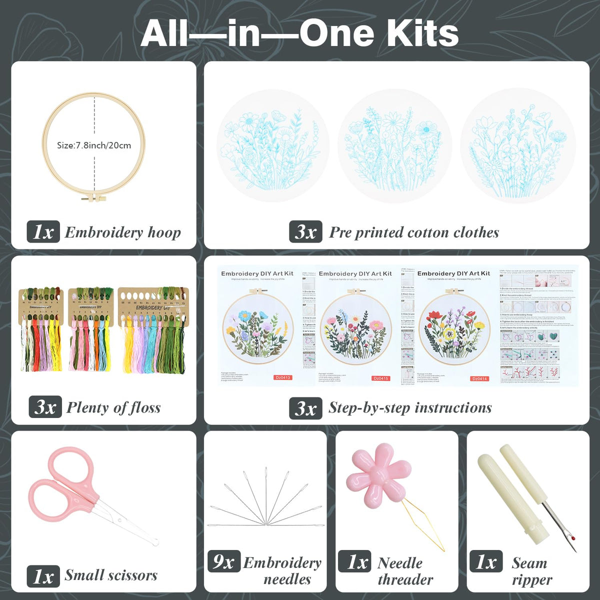RIHYTFU 3 Pack Flower Embroidery Kits for Beginners, Adults Starter Cross Stitch Kit, DIY Sewing Needlepoint, Floral Plants Patterns Hand Stamped Embroidery Kits