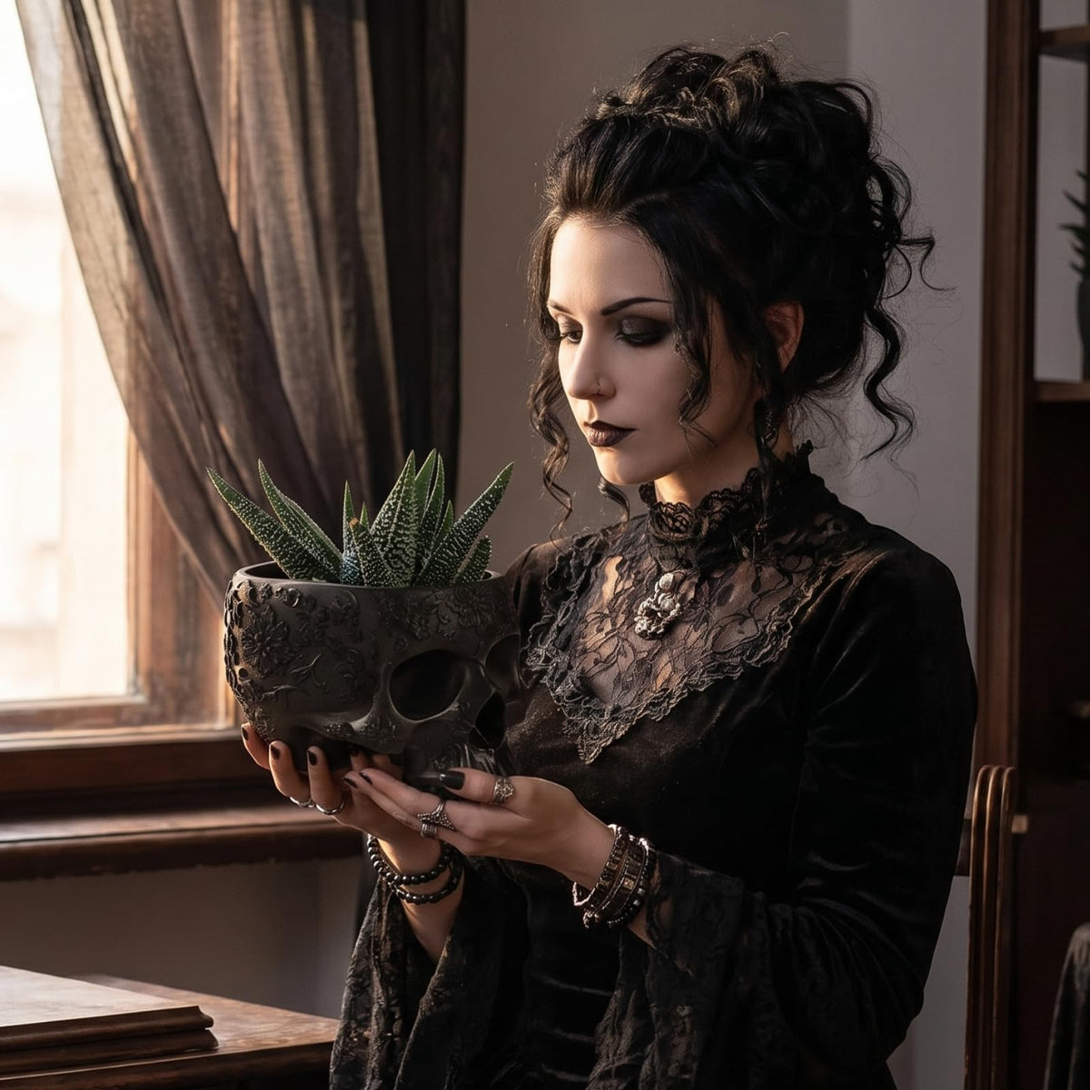 Black Skull Planter Pot 6 Inch Skeleton Head Pot for Succulents Flowers, & Bowl Dish Gothic Decor for Garden Home Parties Haunted House Spooky Black Display Halloween Skull Flower Pot Decoration Gift