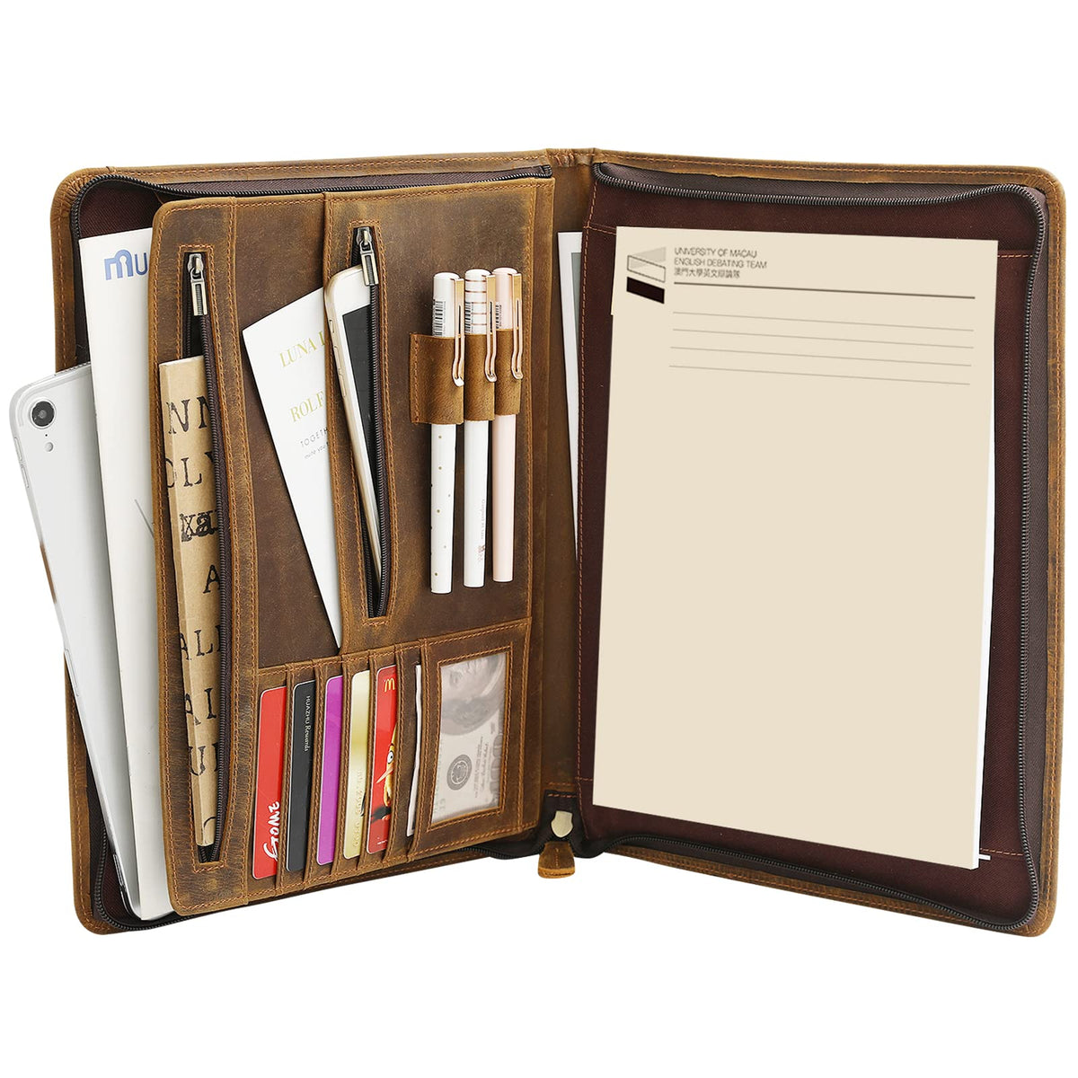 Ringsun Leather Portfolio Organizer with Zipper for Men Women, Leather Padfolio Business Resume Legal Pad Portfolio Notebook Binder for A4/Pad, Brown