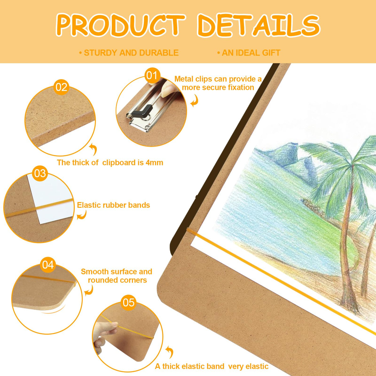 TKOnline 11.8x17.7 Sketch Drawing Board, Art Board with Sturdy Clip and Rubber Bands, Portable Artist Clipboard Easel for Classroom, Drafting and Studio Drawing