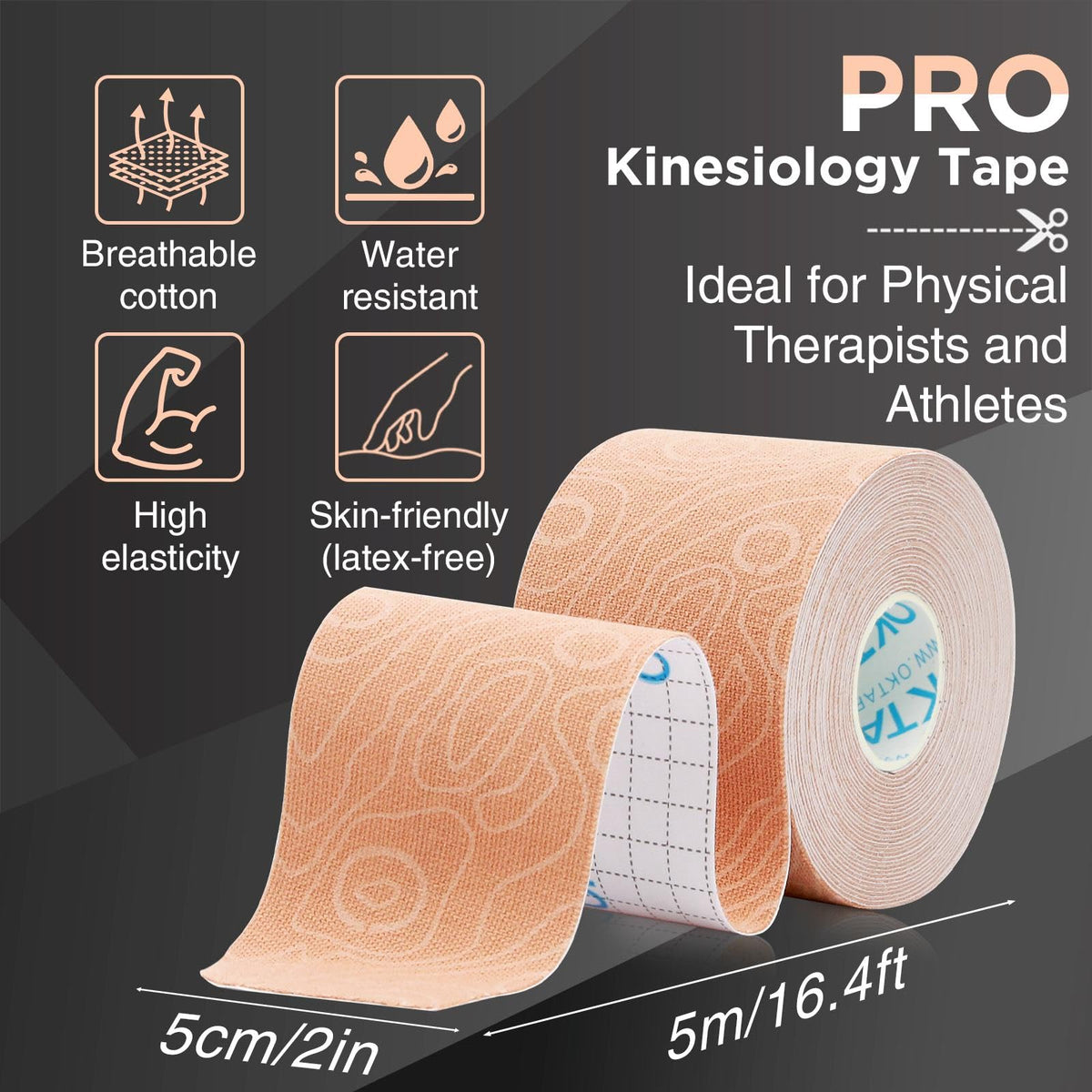 OK TAPE PRO Kinesiology Tape Uncut Roll, Elastic Physical Therapy Athletic Tape for Pain Relief, Muscle Support, Kinetic Tape, Water Resistant, 2in X 16.4ft -Beige 4 Pack