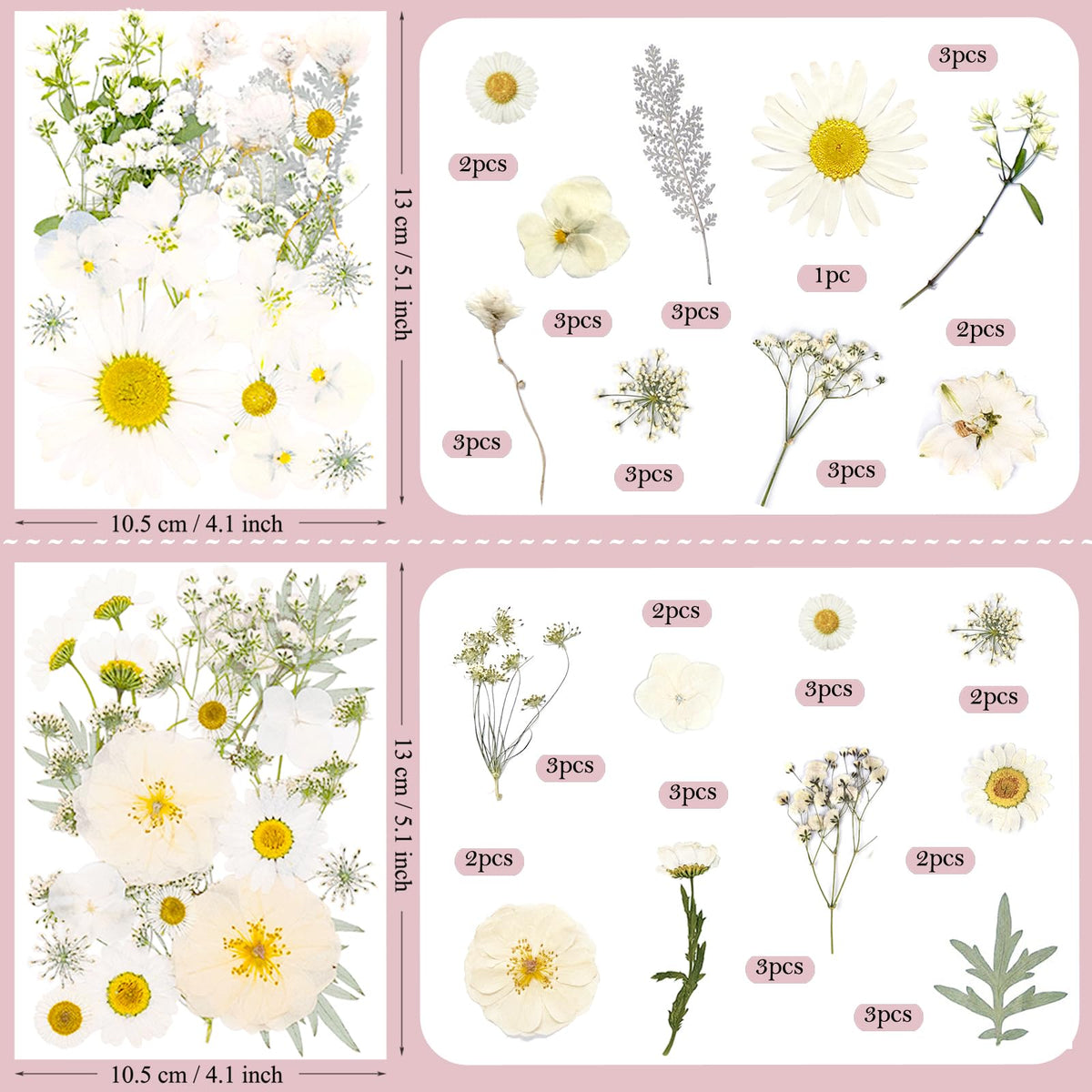 SUAUKEY 95 Pcs White Pressed Dried Flowers for Resin, Real Natural Bulk Dry Wildflowers Leaves Perfect for Epoxy Molds, DIY Crafts, Home Decor, Soap Candles Jewelry Making