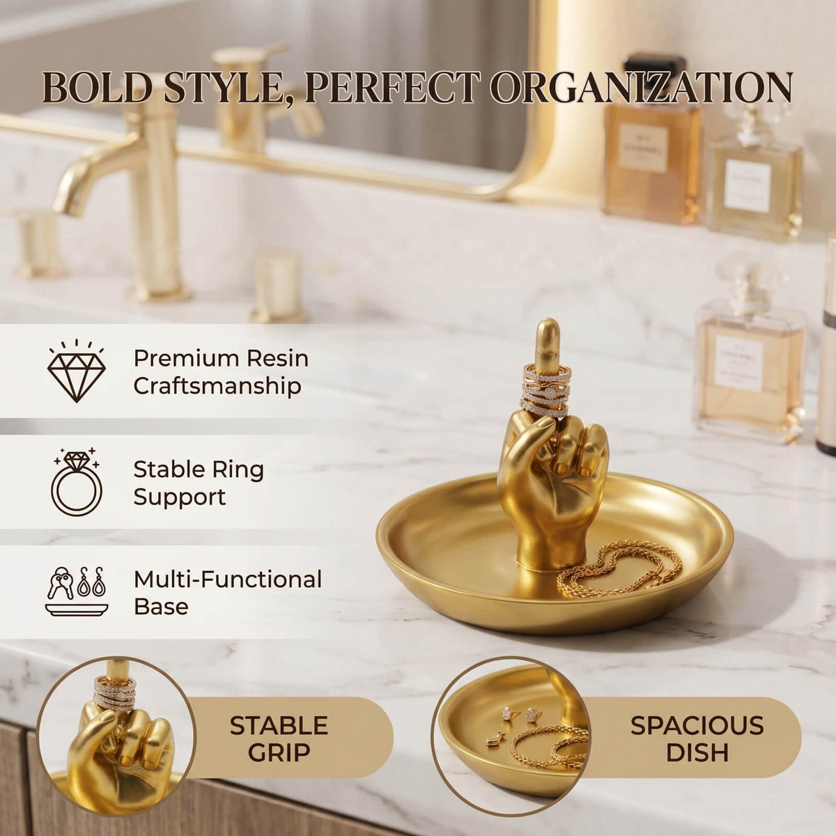 Brillantreal Hand Gesture Jewelry Display Stand - Decorative Ring Holder Tray for Vanity Organization