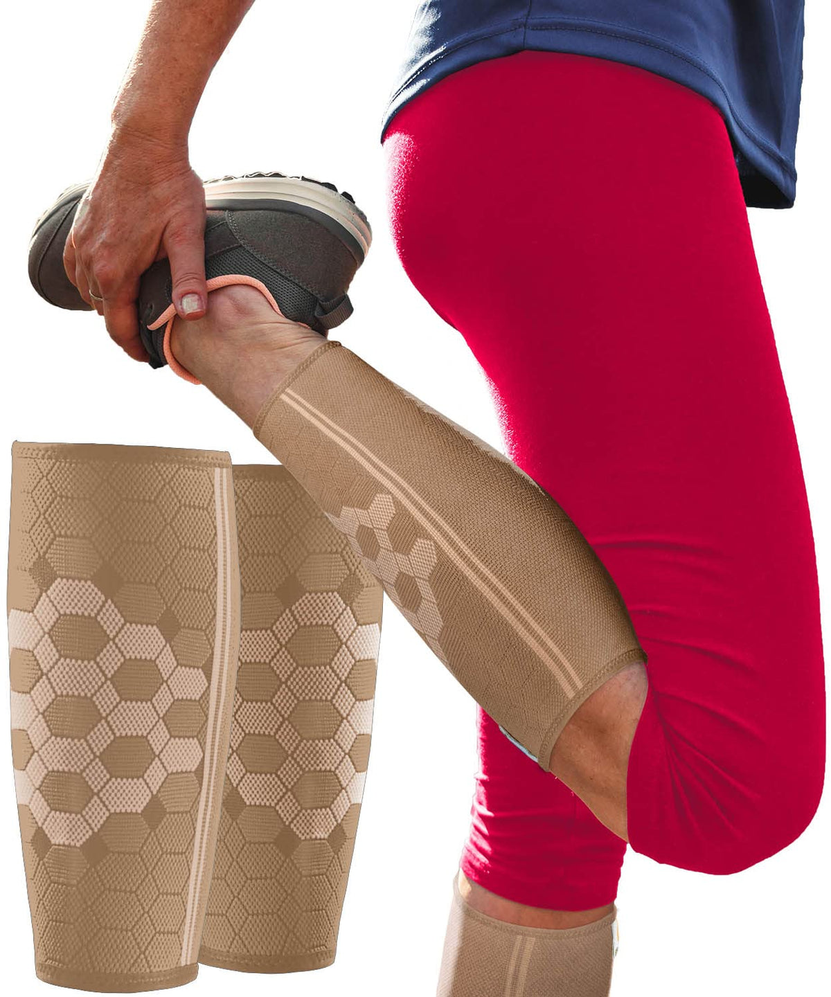 Sparthos Calf Compression Sleeves (Pair) – Leg Compression Socks for Men and Women – for Shin Splint, Calf Pain Relief, Air Travel Flight, Nurses, Maternity Basketball Football Soccer (Beige-L)