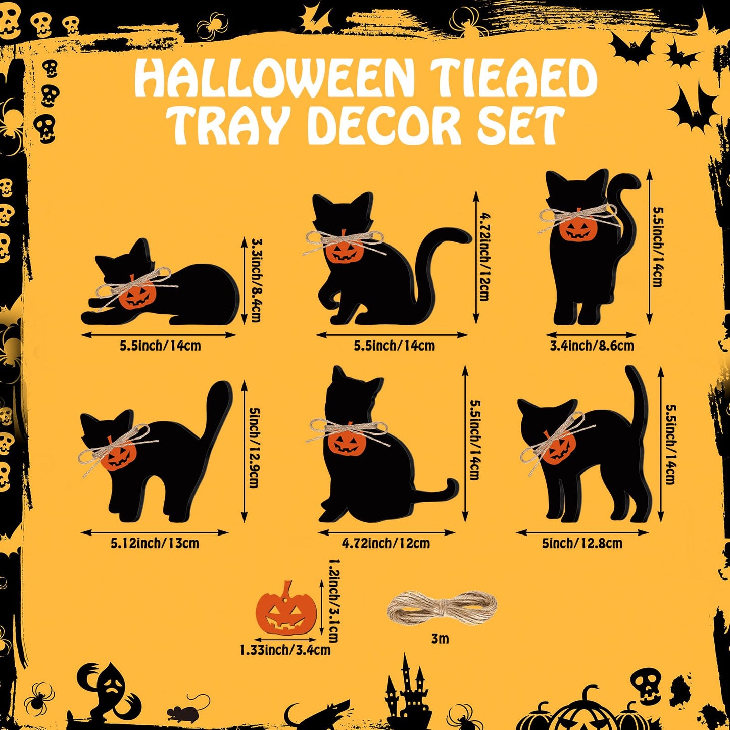 Pinkunn 6 Pcs Halloween Wood Decors with Pumpkin Black Cat Silhouette Decor Wooden Tiered Tray Sign for Home Table Mantel Party Centerpiece