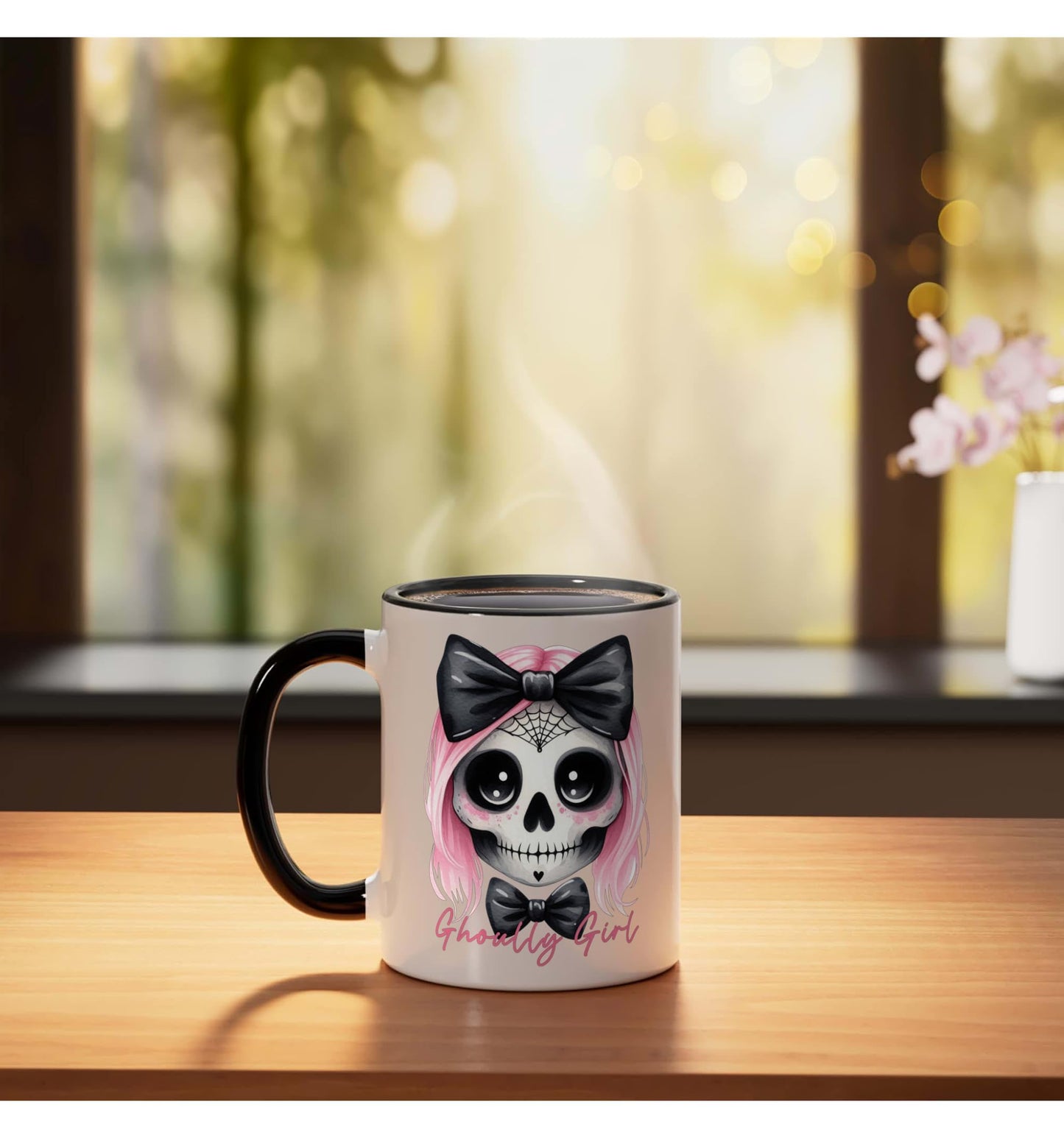 Cute Pink Gothic Halloween Ghoully Girl Ghoul Novelty Ceramic Mug, Black/White