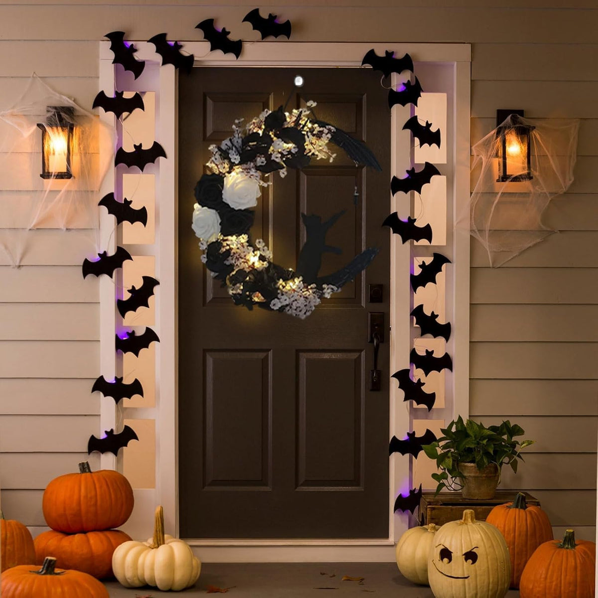 Black White Halloween Wreath with Lights, Crescent Moon Cat Gothic Wreath with Black Rose, Witchy Dark Spooky Front Door Decor for Indoor Wall Home (Black, with Lights)