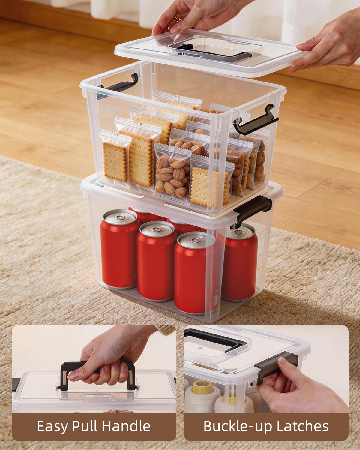 Citylife 8 Packs 6 QT Plastic Storage Bins with Latching Lids Clear Storage Box with handle Stackable Storage Containers for Organizing Snacks, Crafts, Toys, Tools