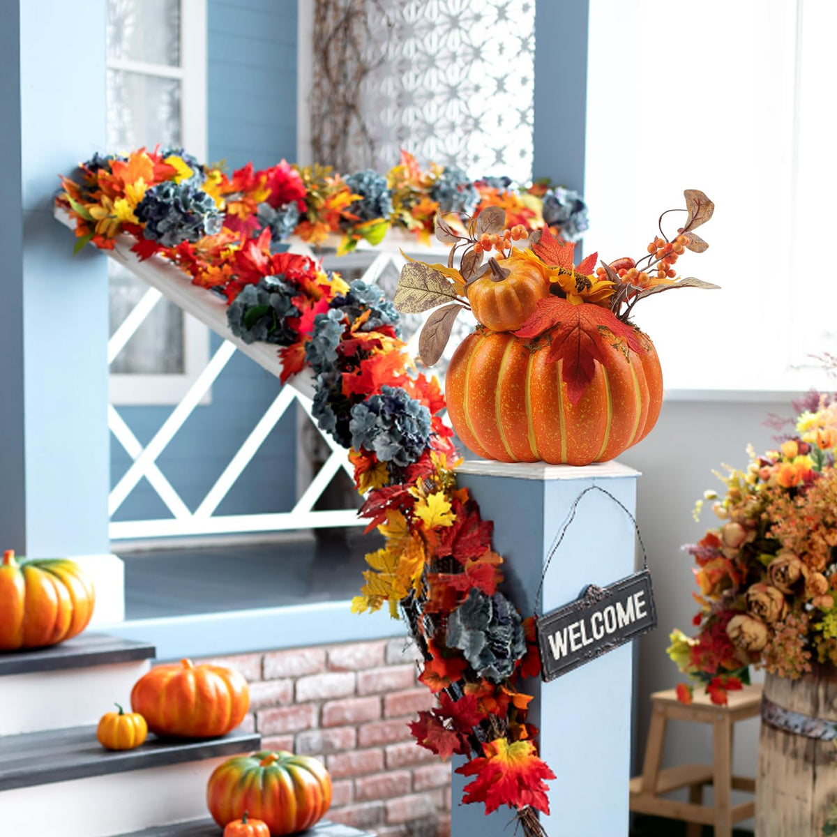 12 Inch Artificial Pumpkins Large Fake Pumpkin Decor Plastic Pumpkins Decorative with Sunflower Maple Leaf Berries Faux Pumpkin for Decorating Fall Harvest Thanksgiving Tables Centerpieces Decor