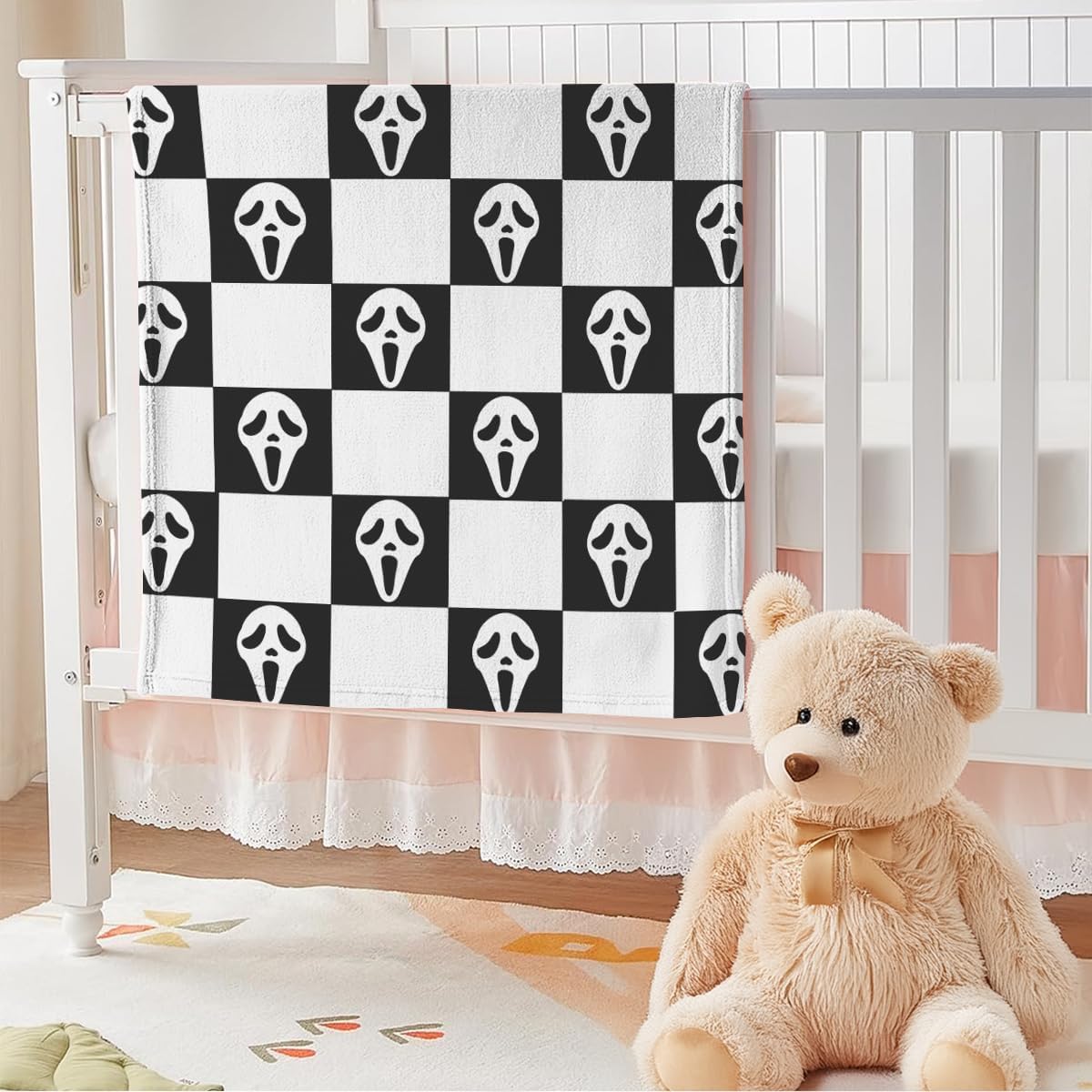 YWZDS Spooky Face Throw Blanket, Black and White Checkered Pattern, Halloween Ghost Blankets Fuzzy Gifts for Sofa Couch Bedroom (40 * 50 inch)