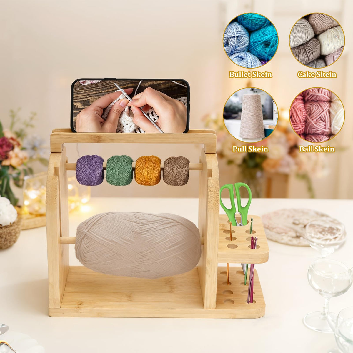 Yarn Holder for Crocheting and Knitting, Bamboo Wooden Yarn Spinner Storage Organizer with Built-in Phone Stand, Tangle-Free Dual Rods and Crocheting Tool Holder, Works with Skein,Cake,Ball