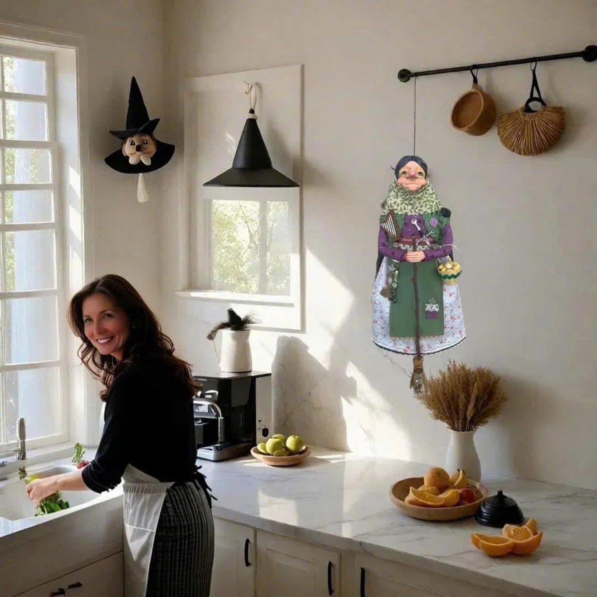 Handmade Kitchen Witch Doll, Good Luck Cooking Dolls Hanging Ornament, Unique Home Decor Figure on Broomsticks for Cooks, Festive Lucks Charm Decoration for Culinary Enthusiasts(B)