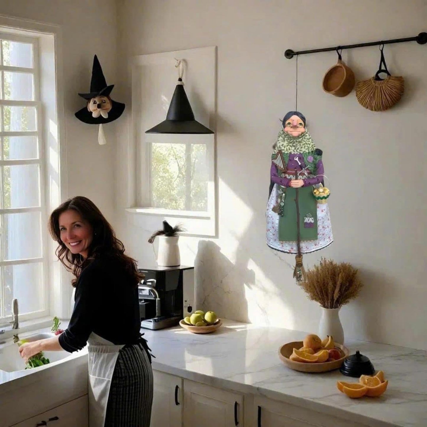 Handmade Kitchen Witch Doll, Good Luck Cooking Dolls Hanging Ornament, Unique Home Decor Figure on Broomsticks for Cooks, Festive Lucks Charm Decoration for Culinary Enthusiasts(A)