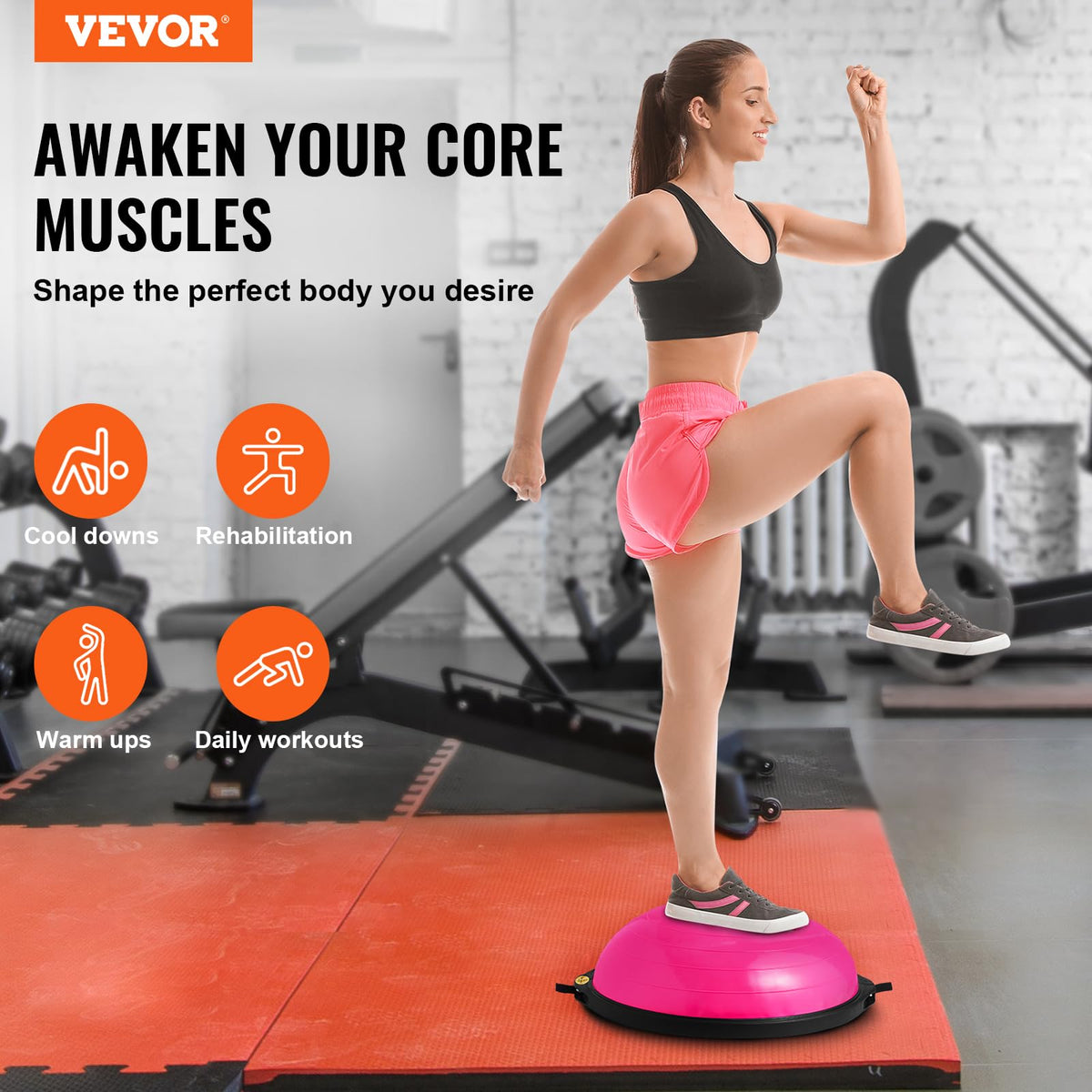VEVOR 26-inch Half Exercise Ball Trainer, 1500 lbs Capacity Balance Ball, Includes Resistance Bands and Pump, Ideal for Full Body Workouts, Yoga, and Strength Training at Home Gym, Pink