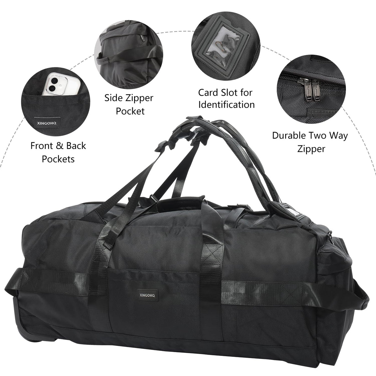 XINGOHQ 80L Rolling Duffle Bag with Wheels - Heavy-Duty 33.5" Foldable Duffel, Water-Resistant Wheeled Luggage with Shoulder Straps for Camping, Gym, Airplane (Black)
