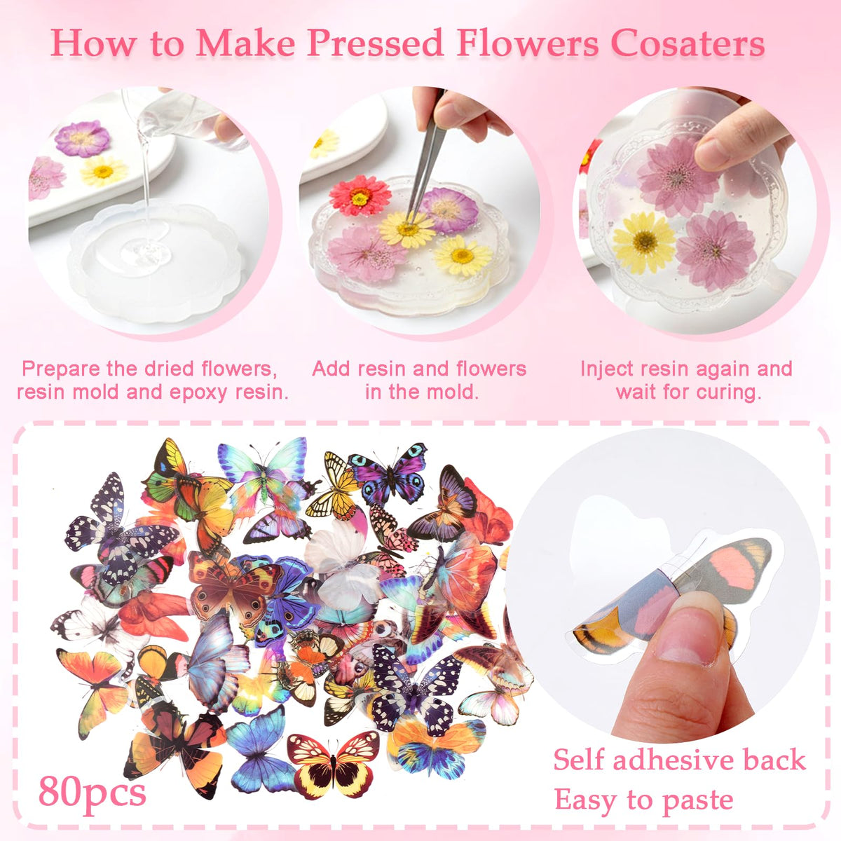 Dfqsofd 228Pcs Pressed Dried Flowers with Butterfly Stickers for Crafts, Natural Real Dried Pressed Flowers for DIY Art Butterfly Stickers Tweezers for Candle Soap Making, Scrapbook