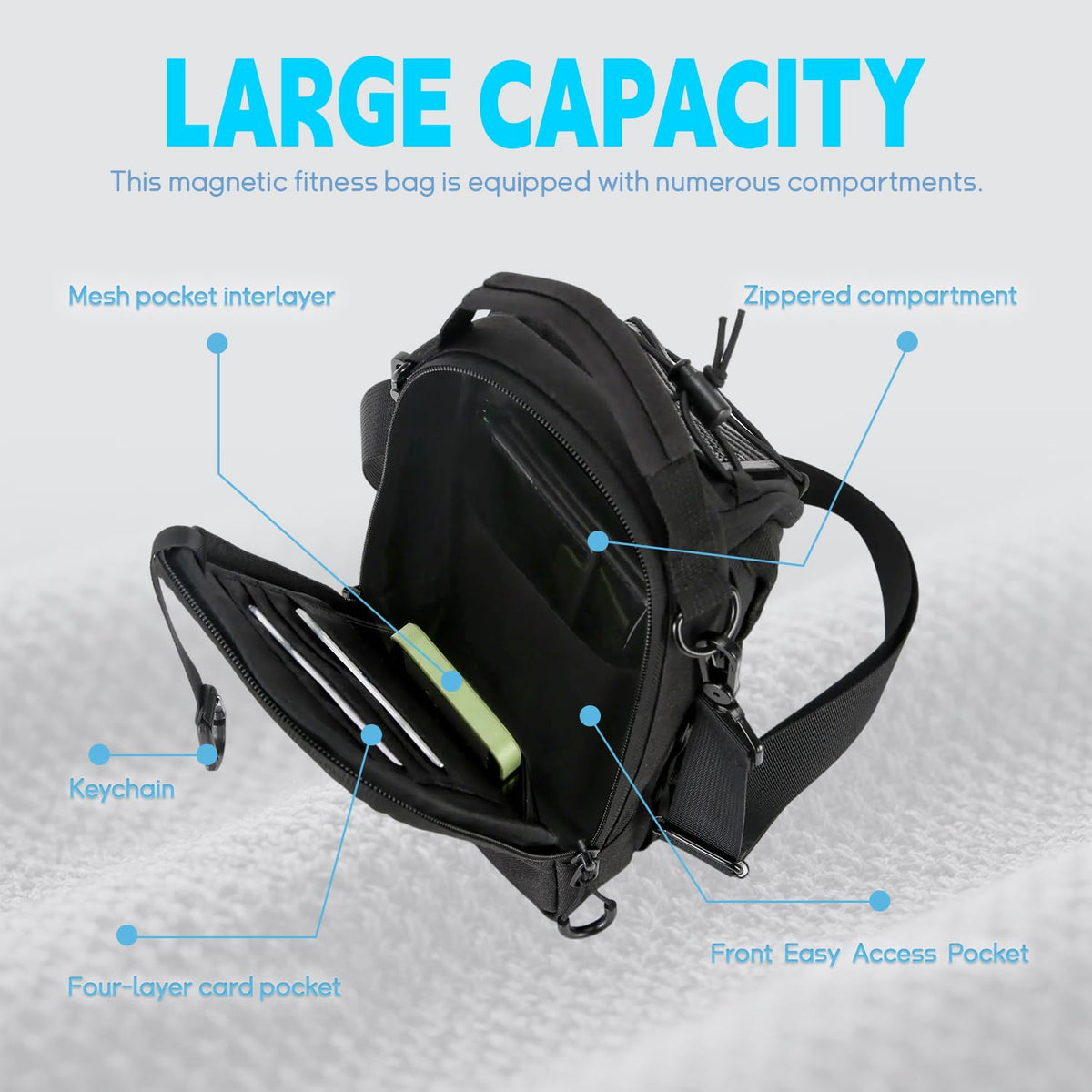 WOISIASO Magnetic Gym Sling Bag, Unisex Lightweight Small Crossbody Chest Bag Casual Sports Shoulder Pouch for Men & Women Outdoor Workout Daily Travel (Black)