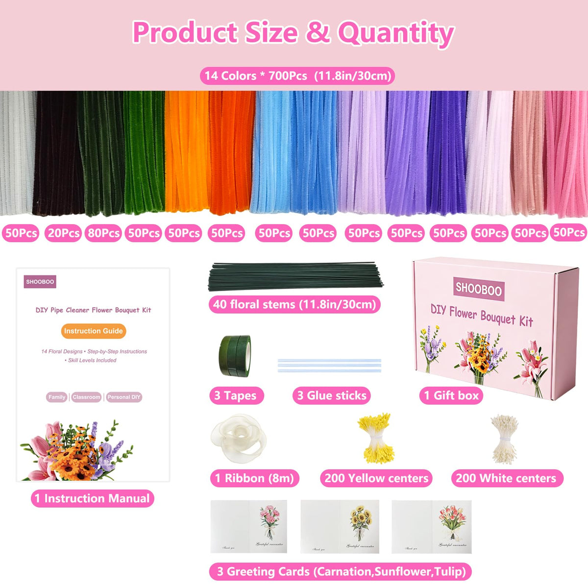 700 PCS Pipe Cleaner Flower Kit, Pipe Cleaners Craft Bulk 14 Colors Chenille Stems Flower Making Kit with 14 Flower Designs Guiding Book, Floral Stems & Craft Accessories for Art and Craft Supplies