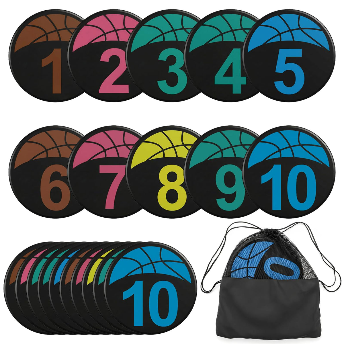 Okllen Set of 10 Basketball Poly Spots Markers, 9" Numbered Floor Dots with Storage Bag, Non-Slip Rubber Agility Training Markers for Gym, Court, Sports Drills & Coaching