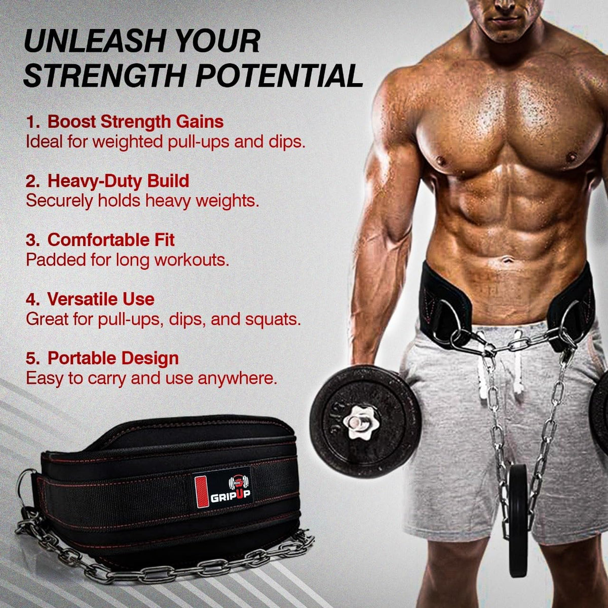 GripUp Premium Dip Belt with Chain for Weightlifting – Heavy Duty Adjustable Chain with Neoprene Padding for Pull Ups, Gym Belt for Powerlifting, Squat, Bodybuilding & Strength Training (One Size)