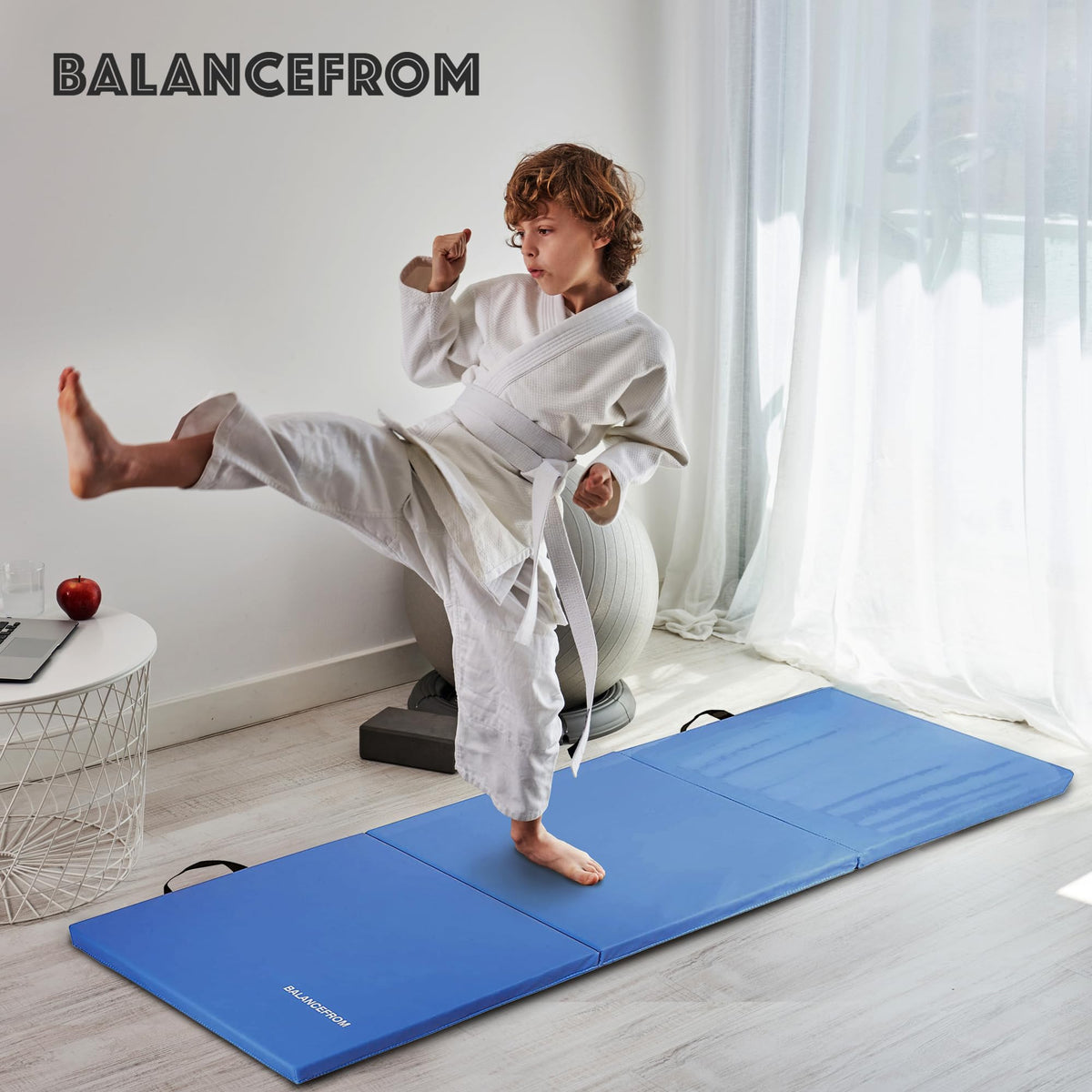 BalanceFrom 6x2 Feet 3-Panel Folding Gymnastics Mat – 1.5-Inch Thick Pad with Vinyl Surface and Carrying Handles for Tumbling, Yoga, Pilates, Home Workouts, and Martial Arts, Blue
