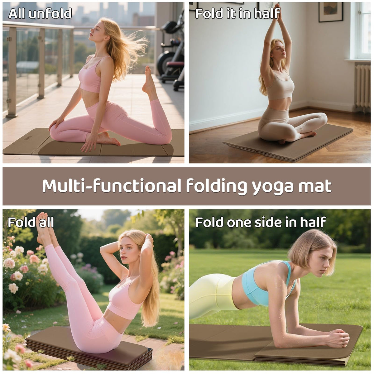 ONLYHE Foldable Yoga Mat Exercise Mat for Home Workout, Comfortable and Durable, 8mm Thick Portable Folding Mat, Non-Slip, Pilates Mat Thick, Outdoor Use, Meditation, Travel, Camping (71"x24" x 0.3") (Brown+Black)