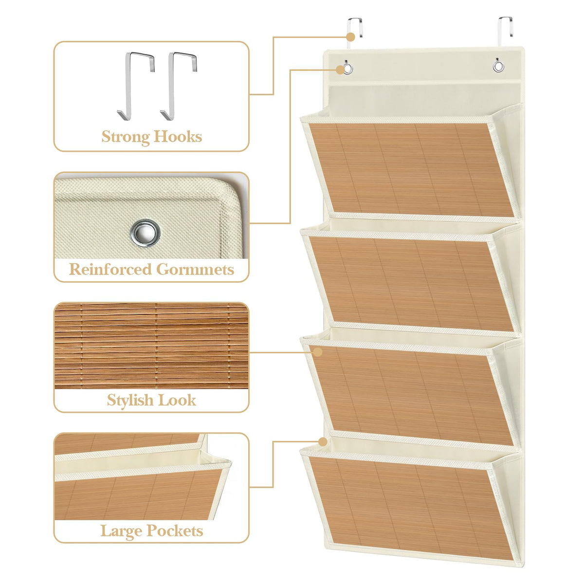 VERONLY Over the Door File Organizer - Hanging Wall Mounted File Folders Storage with 5 Extra Large Pockets for Home, 0ffice, Classroom,Chart Papers, Files, Letters,Planner, Documents (Beige)