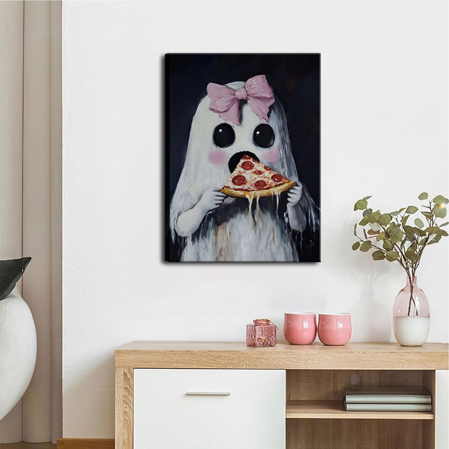 Ghost Wall Art Cute Ghost with Pink Bow Eating Pizza Prints Gothic Spooky Halloween Posters Girly Bedroom Dorm Wall Decor Pictures 12x16in