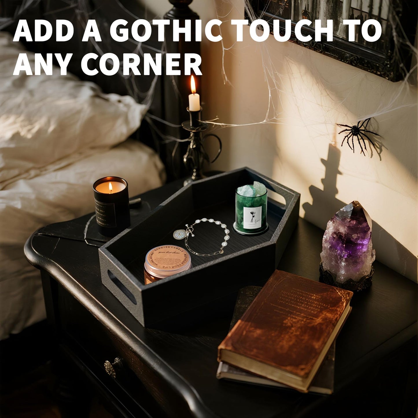Art Secret Gothic Coffin Tray - Wooden Black Coffin-Shaped Storage Organizer for Desk, Vanity, Spooky Home Decor, Halloween Shelf Display, Goth Room Aesthetic (13")