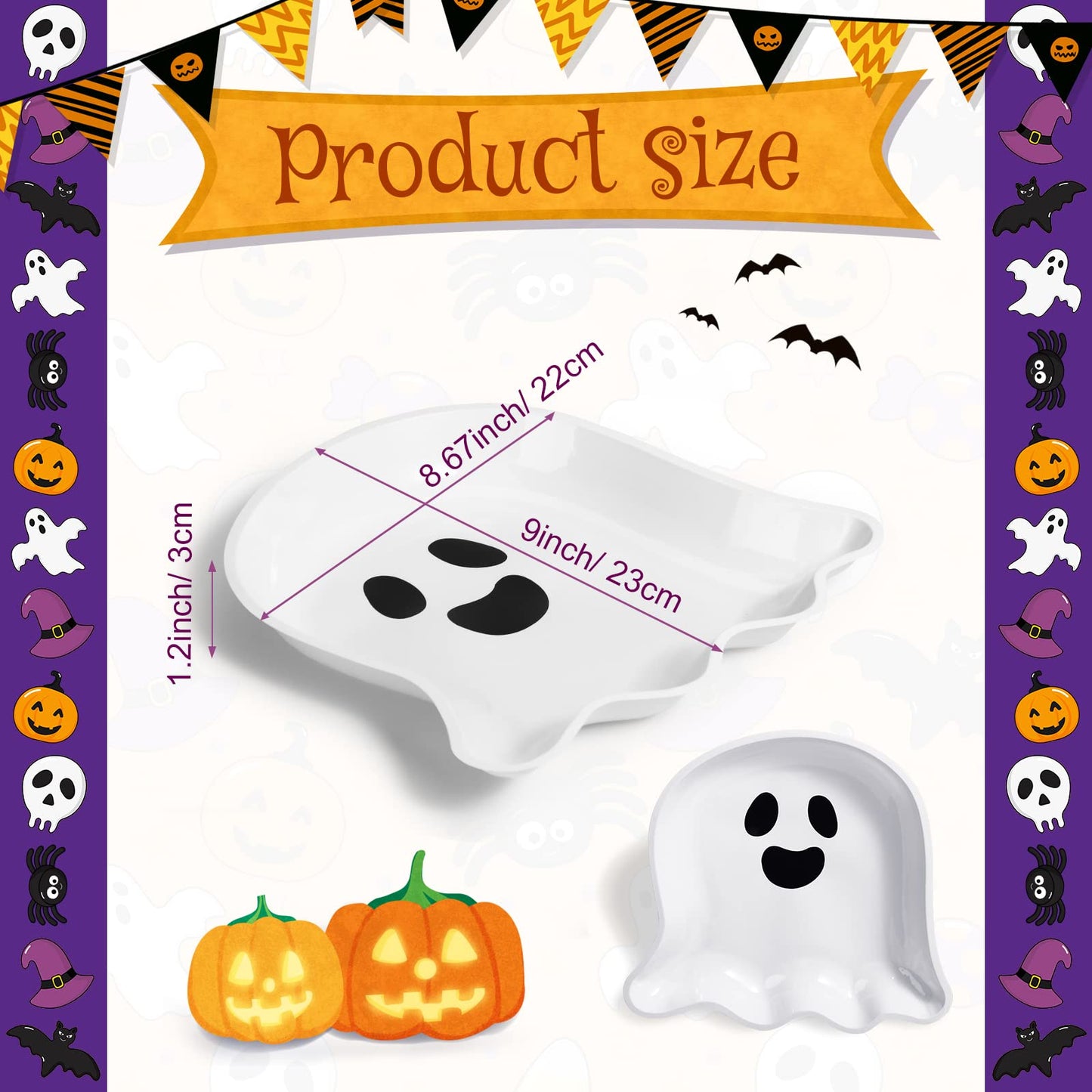 Sawysine 24 Pieces Halloween Party Serving Trays, Plastic Orange Pumpkin Black Cat White Ghost Plates Halloween Party Tableware Supplies for Holiday Decorations(White,Ghost)