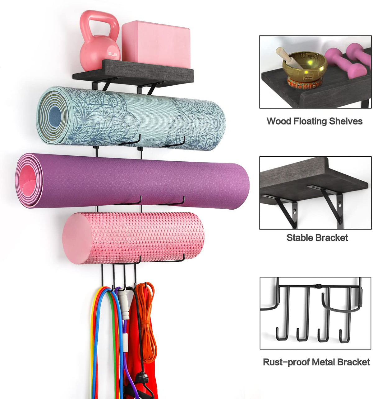 VINAEMO Yoga Mat Holder Accessories Wall Mount Organizer Storage Decor Foam Roller and Towel Storage Rack with 4 Hooks and Wooden Shelves Yoga Mats Rack Resistance Bands for Home Gym School Office